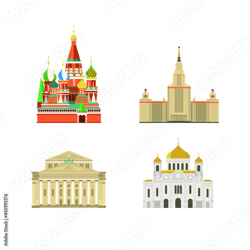 Cartoon symbols and objects set of Moscow. Popular tourist architectural objects: St. Basil's Cathedral, MSU, Cathedral of Christ the Saviour, Big Theatre, Moscow icons set.