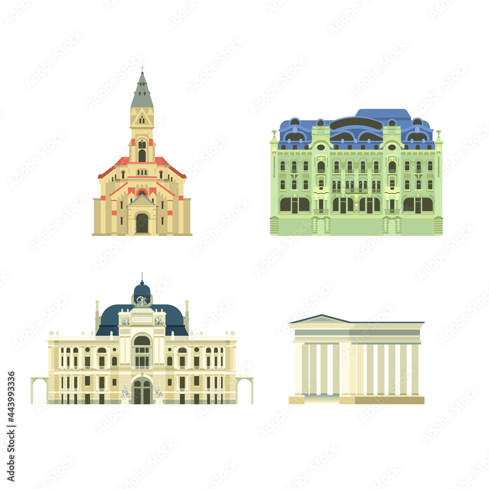 Cartoon symbols of Odessa. Popular tourist architectural object. Odessa icons set.