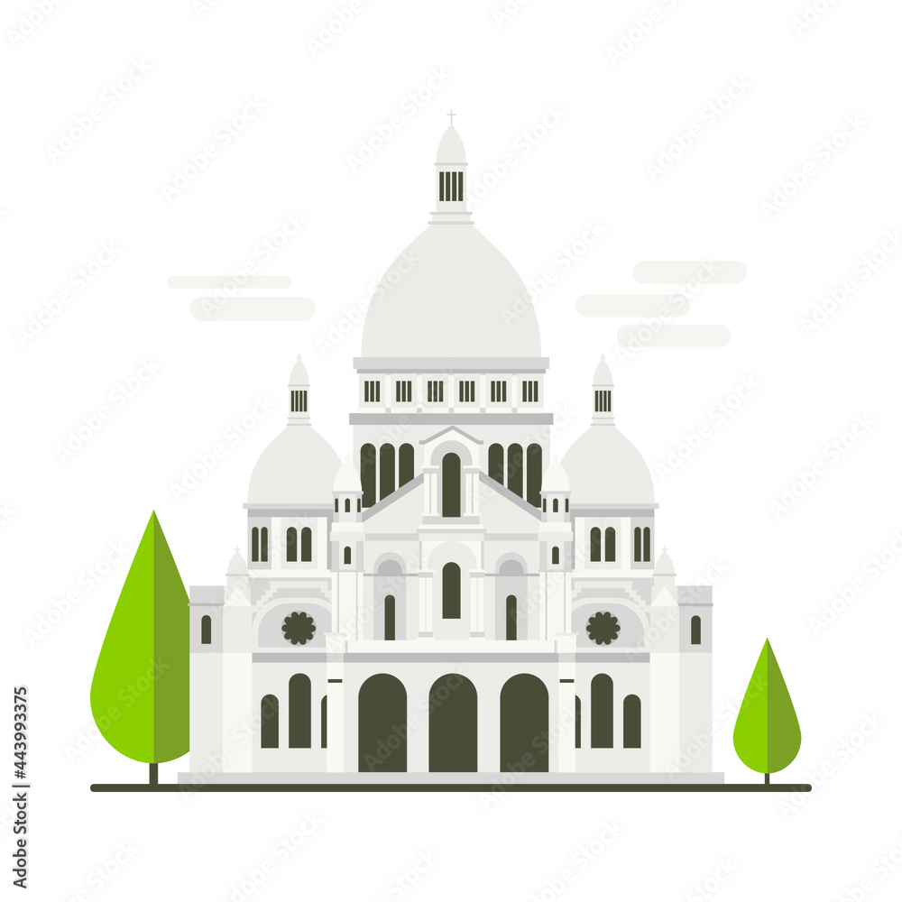 Cartoon symbols of Paris. Popular tourist architectural object: Sacre Coeur basilica, Basilica of the Sacred Heart, Montmartre.