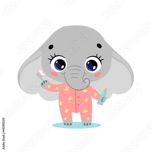 Vector flat doodle cute cartoon baby elephant brushing teeth. Animals brush their teeth.