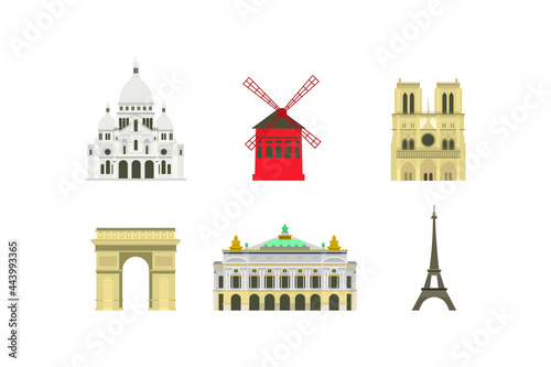Set of Cartoon symbols of Paris. Popular tourist architectural object, France.