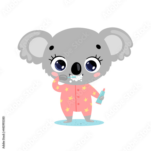 Canvas Print Vector flat doodle cute cartoon baby koala brushing teeth