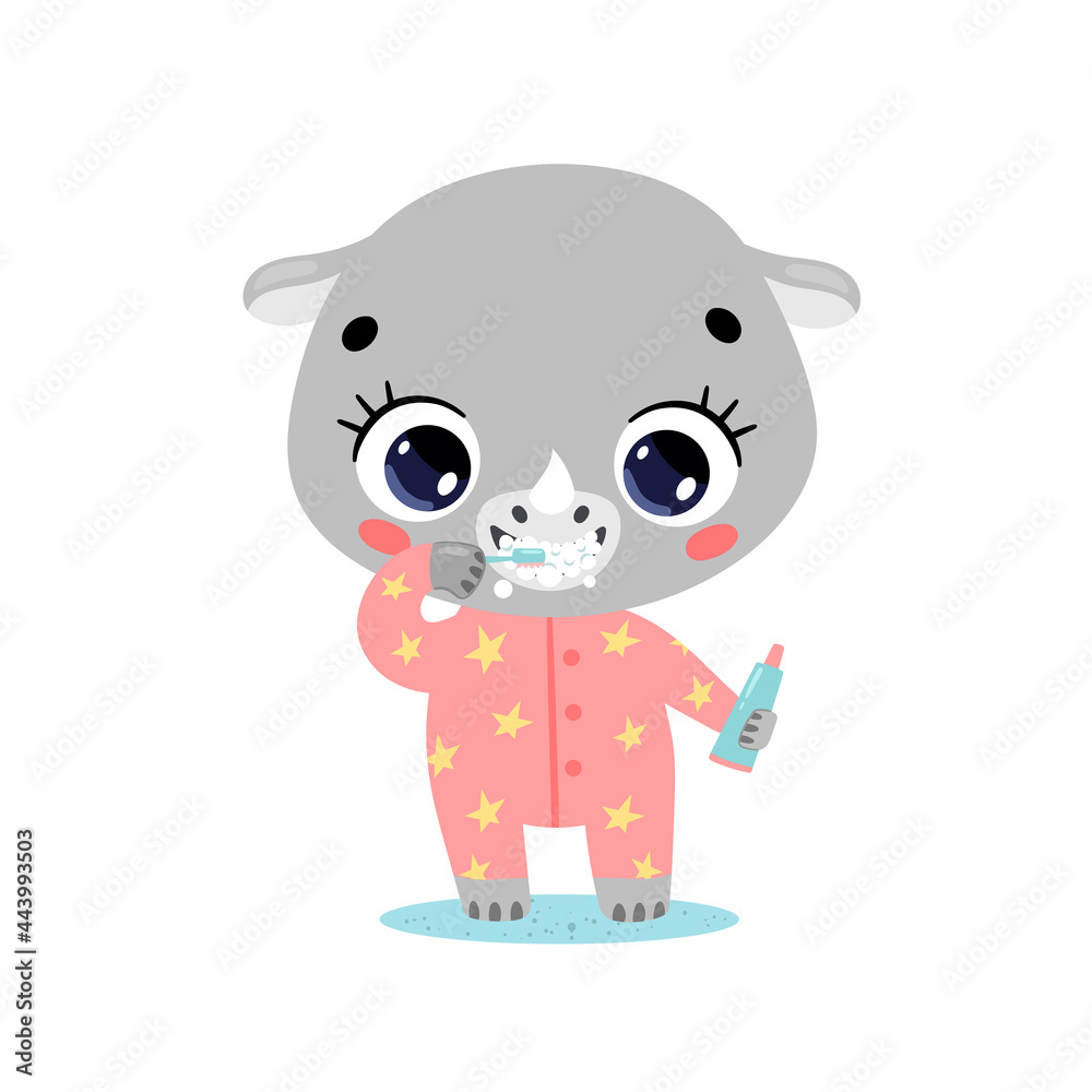 Fototapeta premium Vector flat doodle cute cartoon baby rhino brushing teeth. Animals brush their teeth.