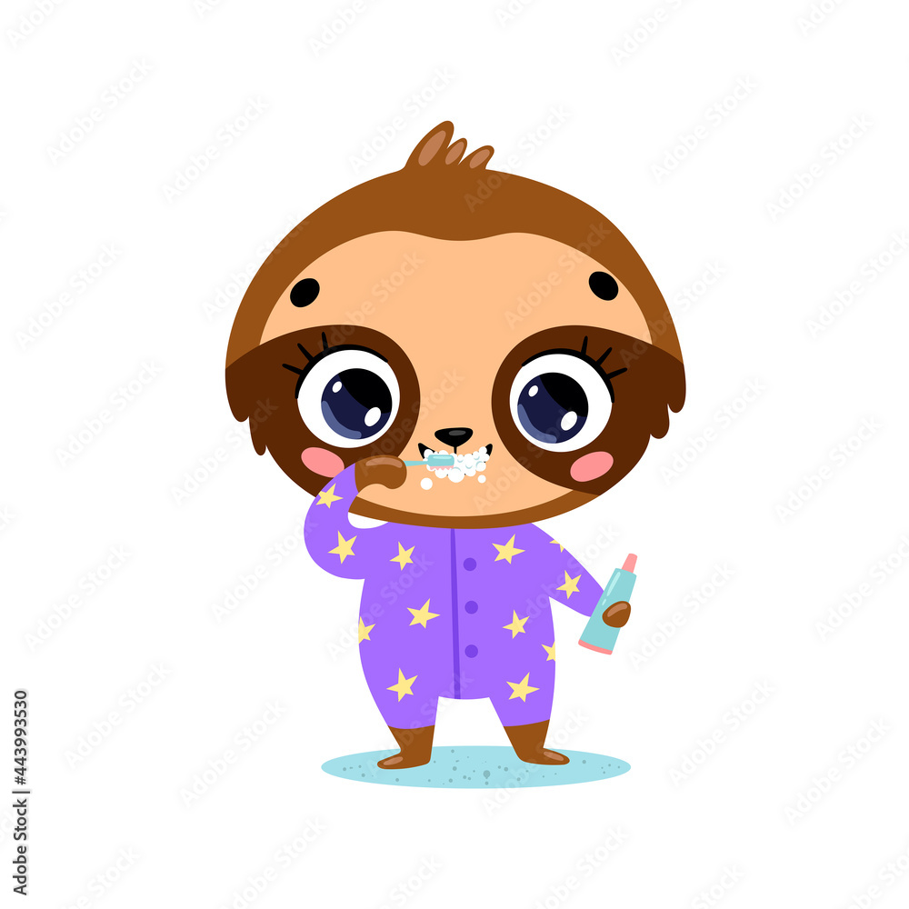 Fototapeta premium Vector flat doodle cute cartoon baby sloth brushing teeth. Animals brush their teeth.