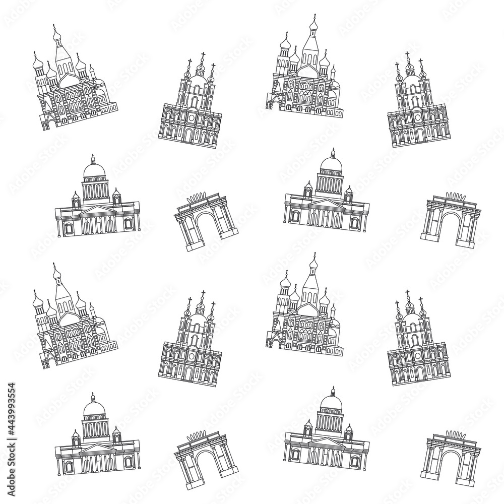 Pattern of cartoon symbols of Saint-Petersburg in line. Popular tourist architectural object: Church of the Savior on the Blood, Smolny Cathedral, Narva Triumphal Arch, Saint Isaac's Cathedral, Russia