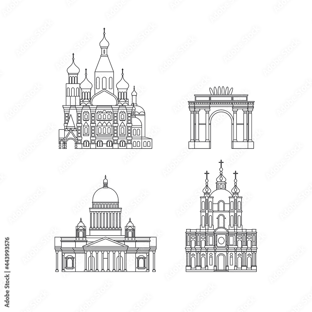 Cartoon symbols of Saint-Petersburg in  line. Popular tourist architectural object: Church of the Savior on the Blood, Smolny Cathedral, Narva Triumphal Arch, Saint Isaac's Cathedral, Russia