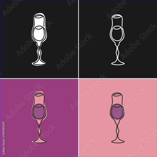 One line drawing liquor glass on various background. Four types of images. Colored cartoon graphic sketch. Continuous line way. Hand drawn party drinks concept. Freehand drawing style