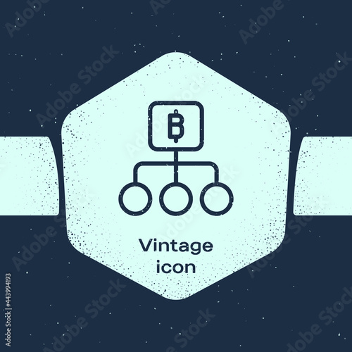 Grunge line Blockchain technology Bitcoin icon isolated on blue background. Abstract geometric block chain network technology business. Monochrome vintage drawing. Vector