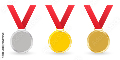 Medal blank set. Gold, silver and bronze medals with ribbon. Award, prize, 1st, 2nd, 3rd place concept. Vector illustration.