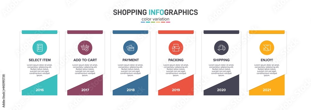 Concept of shopping process with 6 successive steps. Six colorful graphic elements. Timeline design for brochure, presentation, web site. Infographic design layout. Concept of shopping process with 6 successive steps. Six colorful graphic elements. Timeline design for brochure, presentation, web site. Infographic design layout.