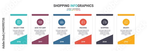 Concept of shopping process with 6 successive steps. Six colorful graphic elements. Timeline design for brochure, presentation, web site. Infographic design layout.