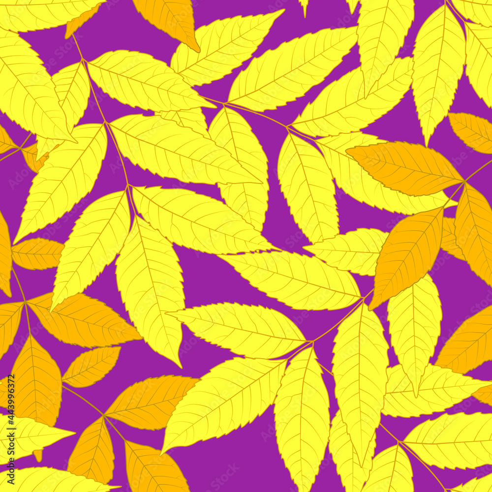 Seamless autumn pattern. Yellow leaves of ash on a lilac background. Vector design for fabrics, wallpapers, interiors, packaging, festive autumn cards, etc. Seamless autumn pattern. Yellow leaves of ash on a lilac background. Vector design for fabrics, wallpapers, interiors, packaging, festive autumn cards, etc.