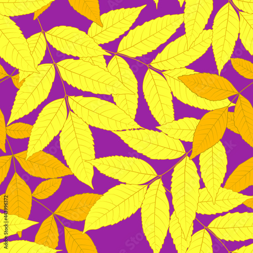 Seamless autumn pattern. Yellow leaves of ash on a lilac background. Vector design for fabrics, wallpapers, interiors, packaging, festive autumn cards, etc.