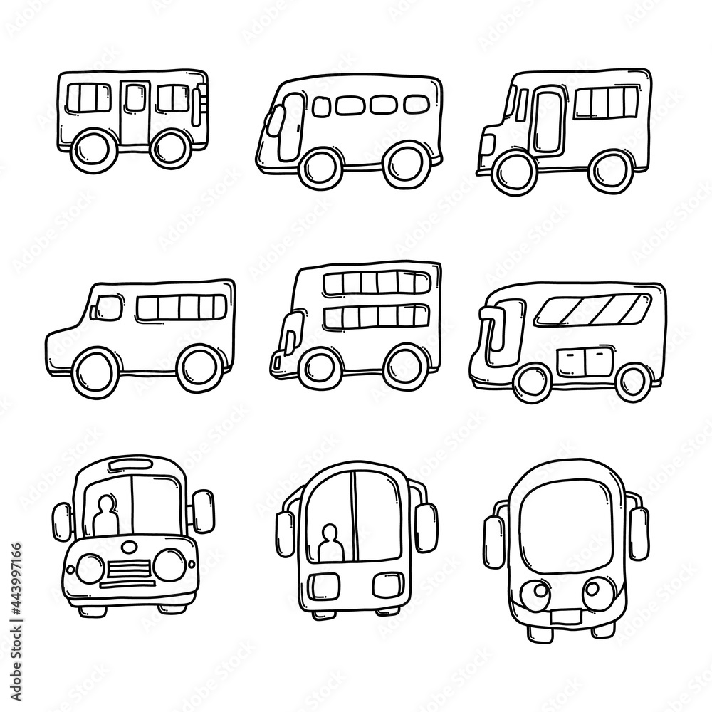 Bus Doodle vector icon set. Drawing sketch illustration hand drawn line eps10