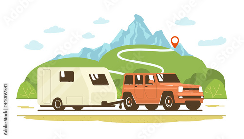 SUV car and trailer caravan on the road against the backdrop of a rural landscape. Vector flat style illustration.