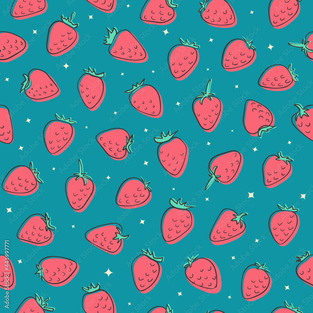 Fototapeta premium Hand drawn strawberry seamless vector pattern. Pink berries with black doodle outline on blue background