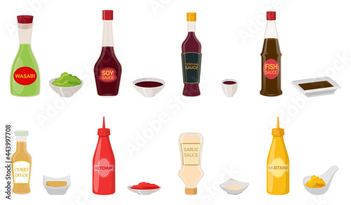 A set of different types of sauces in saucepans and packages.Soy sauce, mustard, wasabi,ketchup, fish sauce, curry sauce, teriyaki and garlic sauce.Plastic and glass packaging.Vector illustration on a