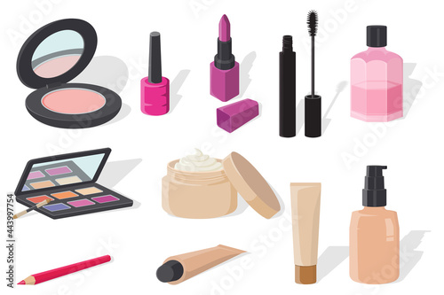A set of various cosmetics.Powder, lipstick,foundation, night cream, mascara, eyeliner pencil, eye shadow, lae for nocte.Vector image isolated on a white background.