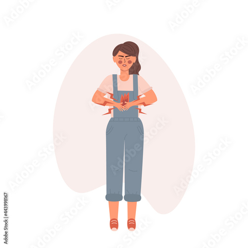 Young woman having a heartburn or stomach problem and suffering for this. Vector illustratin in trendy live flat style. Healthcare, pain, sickness, disease concept, isolated on a white background