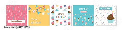 Happy birthday greeting card set and party invitation templates, with ice cream, donut and muffin patterns. birthdy sweets and treats. vector illustration