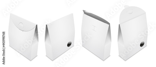 Blank white paper open and closed bag with transparent window for coffee, tea or dry food mixes. Vector isolated realistic template illustration.