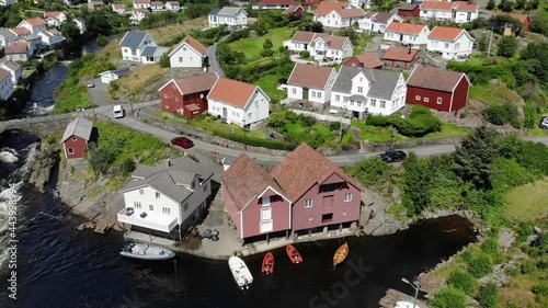 Sogndalstrand town drone aerial view in Southern Norway. Town in Rogaland county. photo