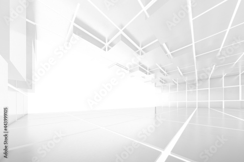 Abstract 3d rendering of empty futuristic tunnel room with light on the wall. Sci-fi concept.