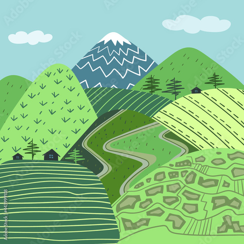 Stylized montain landscape with hills, houses and trees. Natural background. Vector illustration. 