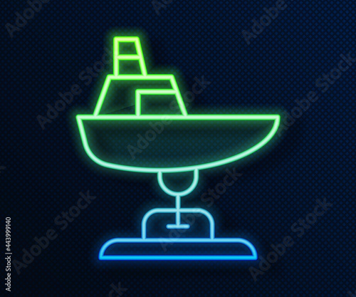 Glowing neon line Swing boat on the playground icon isolated on blue background. Childrens carousel with boat. Amusement icon. Vector