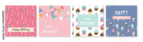 Happy birthday greeting card set and party invitation templates, with ice cream, donut and muffin patterns. birthday sweets and treats. vector illustration