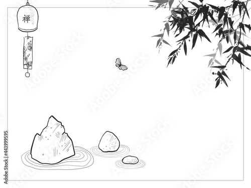 Japanese zen garden doodles. Zen rock garden, butterfly, furin bell and bamboo tree. Hieroglyph - zen