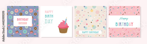 Happy birthday greeting card set and party invitation templates, with ice cream, donut and muffin patterns. birthdy sweets and treats. vector illustration
