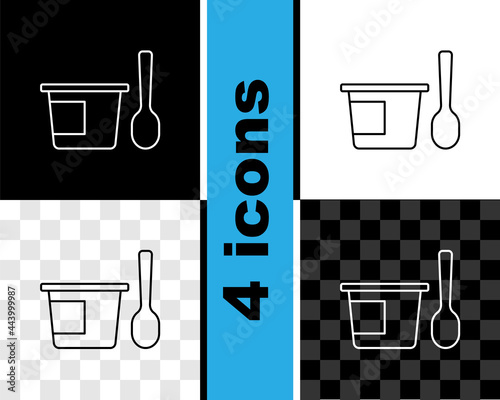 Set line Yogurt container with spoon icon isolated on black and white, transparent background. Yogurt in plastic cup. Vector