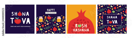 jewish new year, rosh hashanah, greeting card set with traditional icons. Happy New Year. Apple, honey, pomegranate, flowers and leaves, Jewish New Year symbols and icons. Vector illustration photo