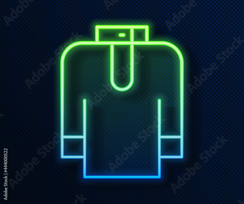 Glowing neon line Shirt kurta icon isolated on blue background. Vector