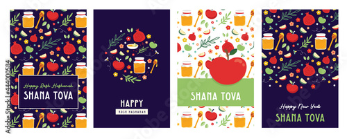 jewish new year, rosh hashanah, greeting card set with traditional icons. Happy New Year. Apple, honey, pomegranate, flowers and leaves, Jewish New Year symbols and icons. Blessing of Happy new year, 