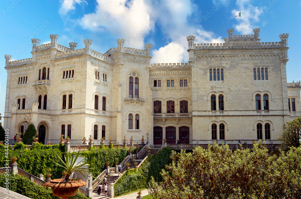 External view of the Miramare Castle, in the city of Trieste (Northern Italy). Was built between 1856 and 1860 as the residence of Maximilian of Habsburg-Lorraine, Archduke of Austria.