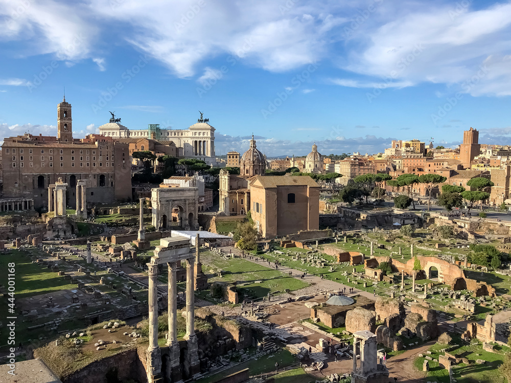 Forum Romanum in Rome, Italy. In a distance Colosseum.