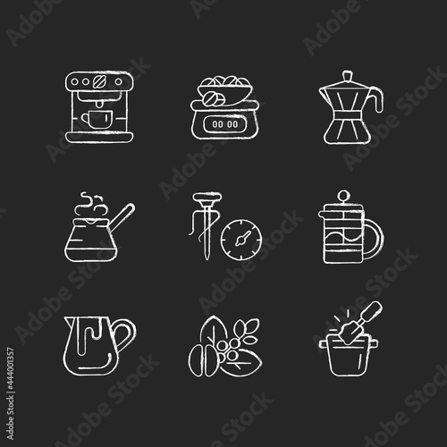 Coffee shop chalk white icons set on dark background. Moka pot. Turkish cezve for brewing drink. Milk pitcher for baristas. Espresso making. Isolated vector chalkboard illustrations on black
