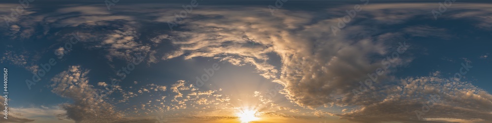 Fototapeta premium Dark blue sunset sky pano with Cumulus clouds. Seamless hdr panorama in spherical equirectangular format. Complete zenith for 3D visualization, game and sky replacement for aerial drone 360 panoramas.