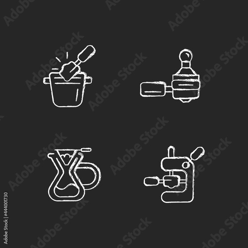 Coffee shop tools chalk white icons set on dark background. Knock box for ground waste. Tamping coffee into portafilter. Espresso making. Isolated vector chalkboard illustrations on black