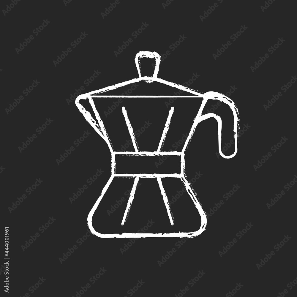 Moka pot chalk white icon on dark background. Steel utensil for kitchen. Coffee maker. Tool for brewing espresso at home. Stove top pot. Isolated vector chalkboard illustration on black Moka pot chalk white icon on dark background. Steel utensil for kitchen. Coffee maker. Tool for brewing espresso at home. Stove top pot. Isolated vector chalkboard illustration on black