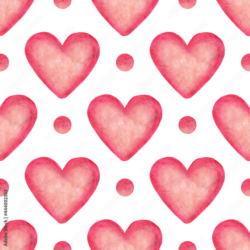 Watercolor illustration pattern of pink hearts and circles. Seamless repeating love print. Celebration wedding, February 14. Isolated on white background. Drawn by hand.