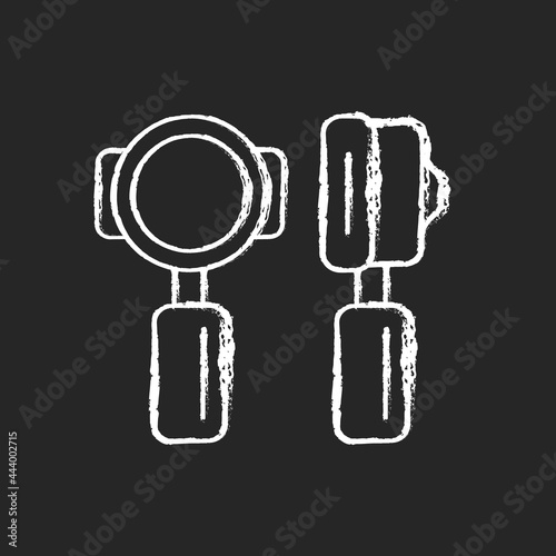 Portafilter chalk white icon on dark background. Professional tool for cafe. Commercial utensil for espresso preparation in coffee shop. Isolated vector chalkboard illustration on black