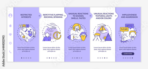 Autism diagnosis onboarding vector template. Responsive mobile website with icons. Web page walkthrough 5 step screens. Repetitive movements, impulsiveness color concept with linear illustrations