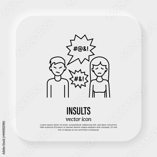 Insults, hate, bullying. Thin line icon. Aggressive behaviour to women from man. Abuse in family. Social problem. Vector illustration.