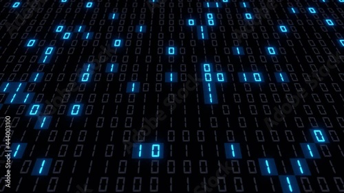 Horizontal scrolling of a digital binary code display that constantly changes the status of bits 0 and 1 and randomly turns the cells on and off with a blue light