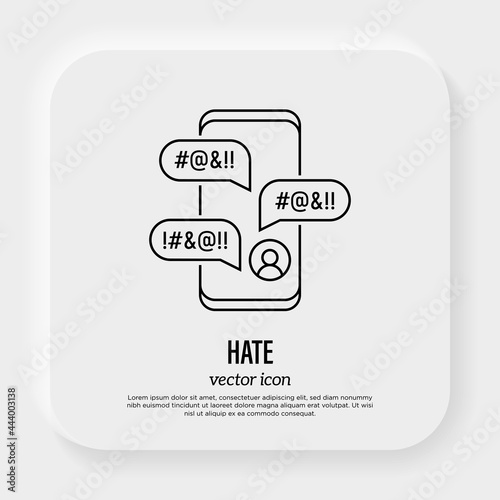 Cyberbullying, insults, hate in internet. Aggressive behaviour in social media. Thin line icon. Vector illustration.