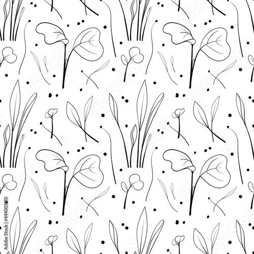 Seamless pattern with corn, radish sprouts background. Sketch microgreen seeds vector illustration.	
