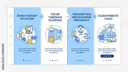 ASD development onboarding vector template. Responsive mobile website with icons. Web page walkthrough 4 step screens. Prescription drugs during pregnancy color concept with linear illustrations